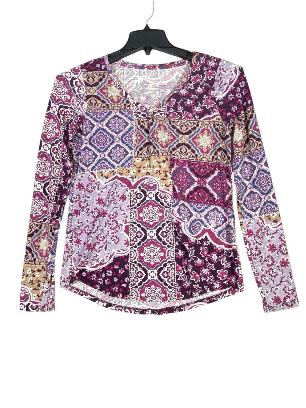 Sonoma Everyday Long Sleeve Tee Women's XS Purple Floral Patchwork V-Neck Casual